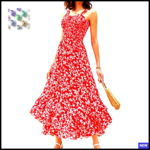 Floral Maxi Dress Boho Square Neck Summer Beach Sundress Adjustable Straps